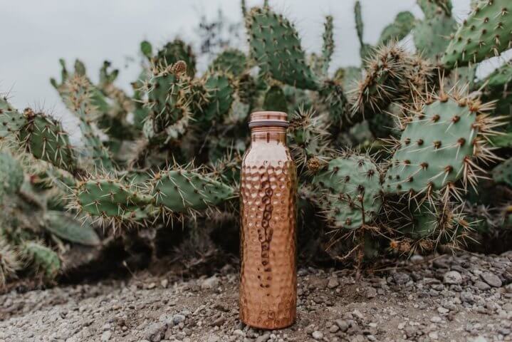 Copper H2O copper hammered bottle paced on the ground cactus plants background