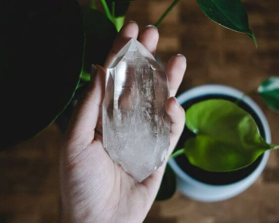 hand holding large polished crystal prism plants underneath